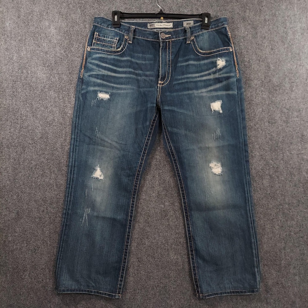 BKE Tyler Straight Jeans Mens Fits 38x28 Relaxed Straight Distress Thick Stitch‎ - Picture 2 of 11